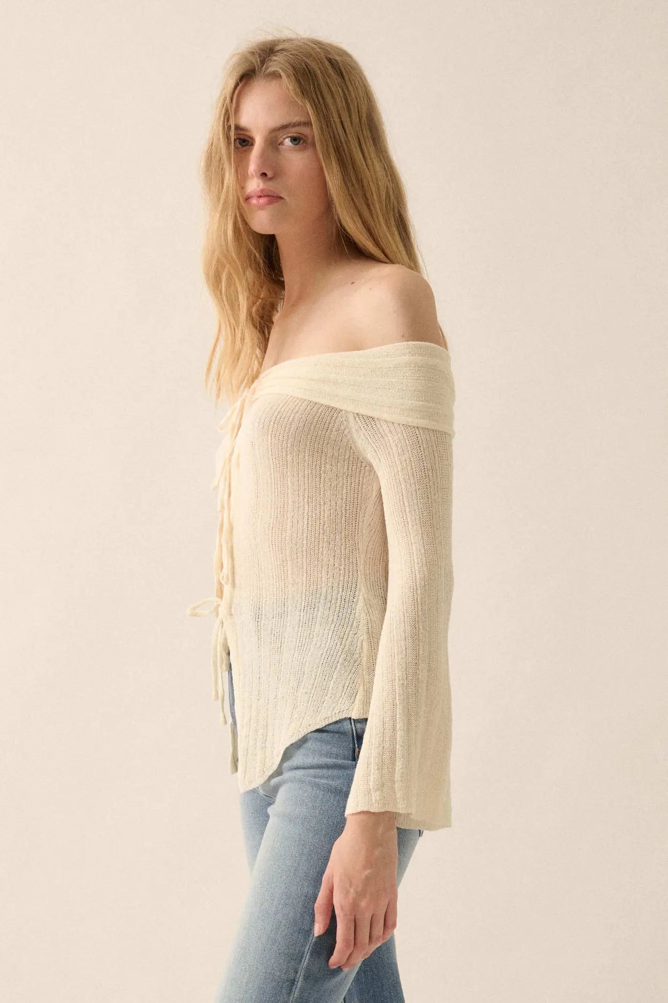 Dear Diary Off-Shoulder Tie-Front Cardigan - ShopPromesa