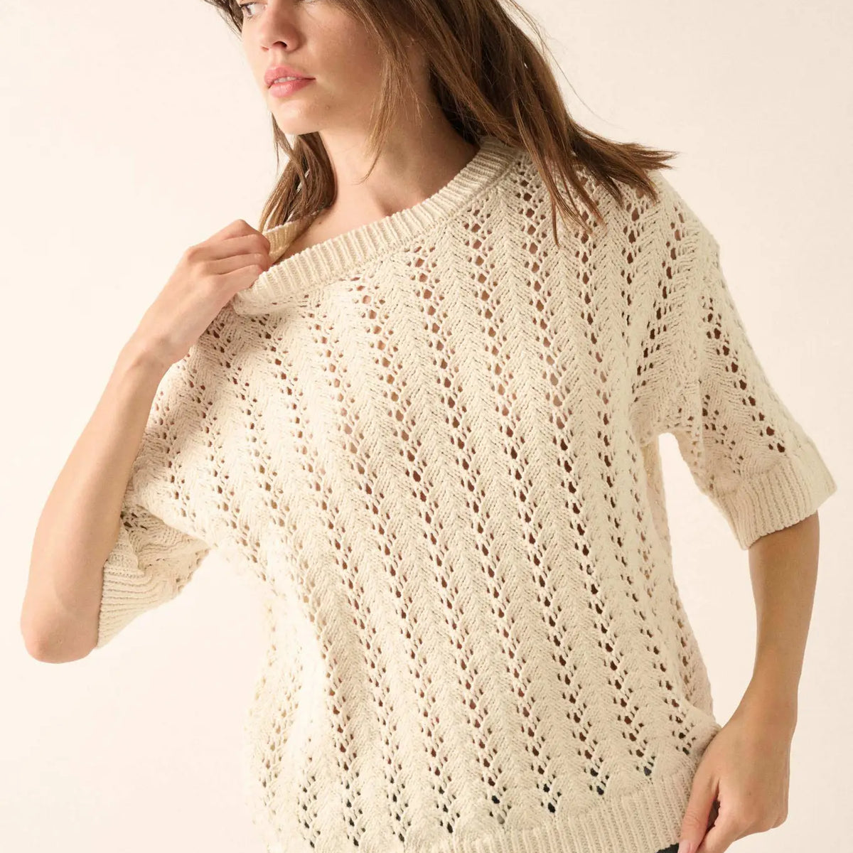 Don't Let Go Open-Knit Short-Sleeve Sweater