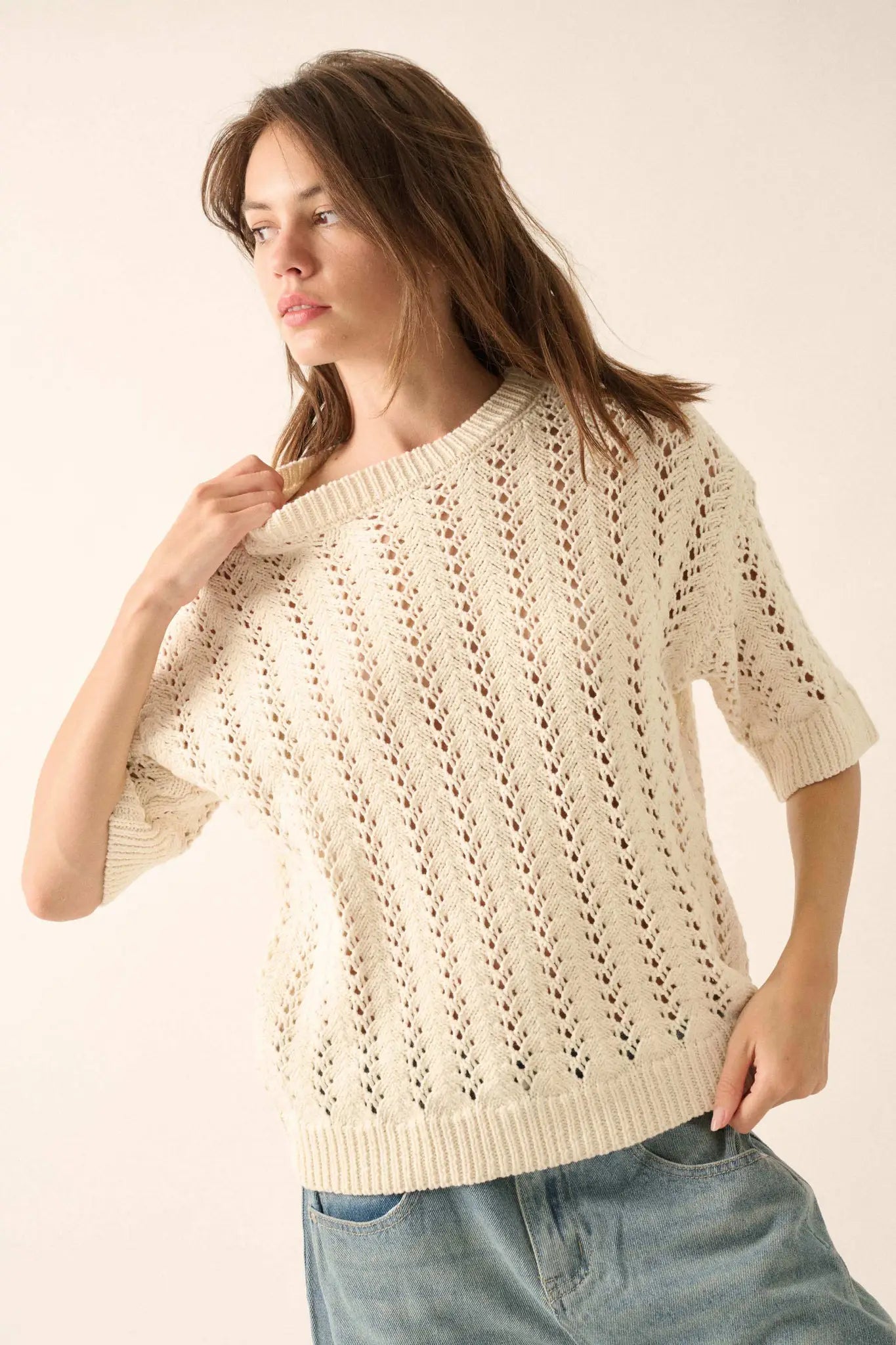 Don't Let Go Open-Knit Short-Sleeve Sweater Don't Let Go Open-Knit Short-Sleeve Sweater