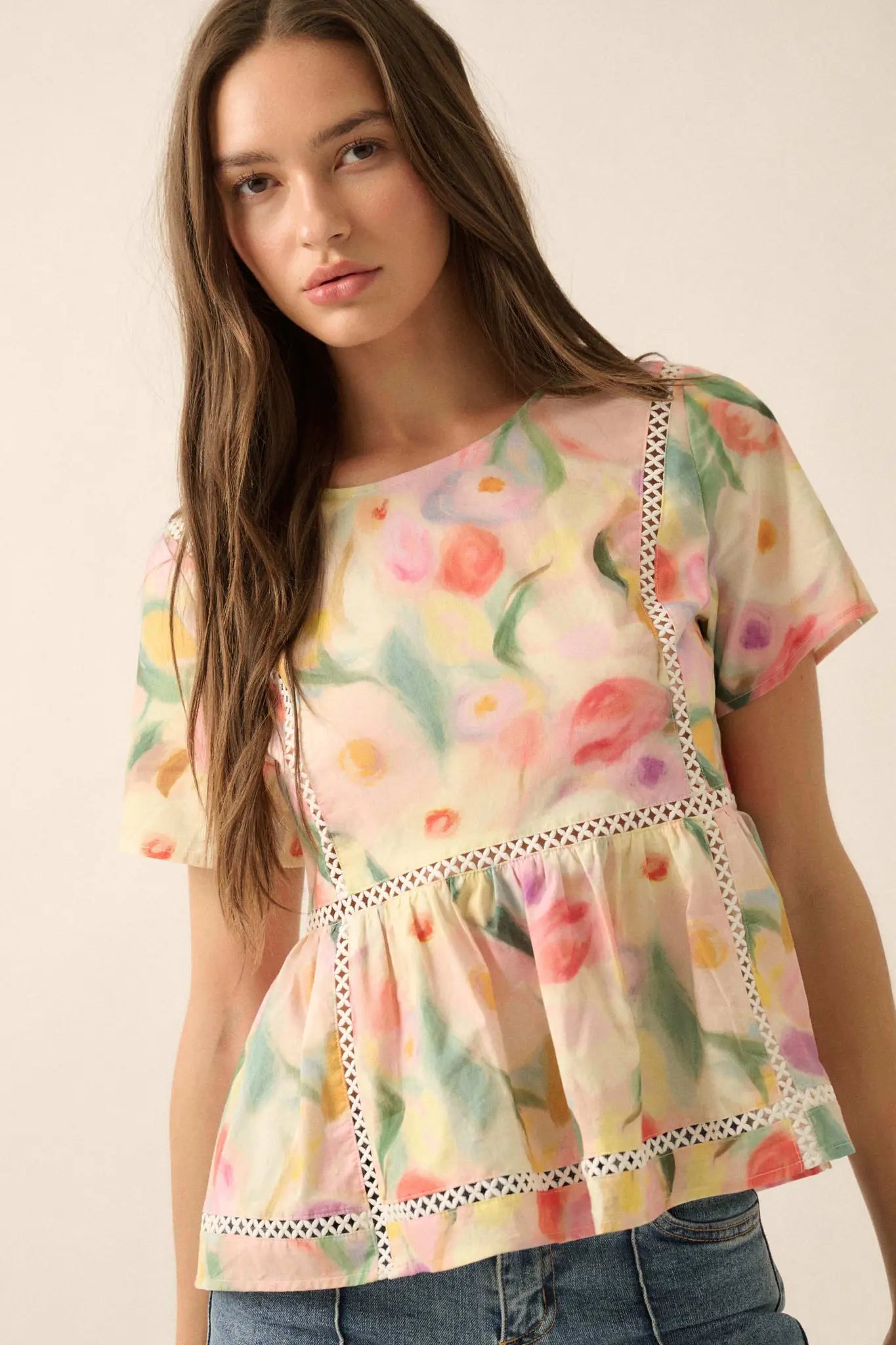 Graceful Blossoms Lace-Trim Floral Babydoll Top - ShopPromesa