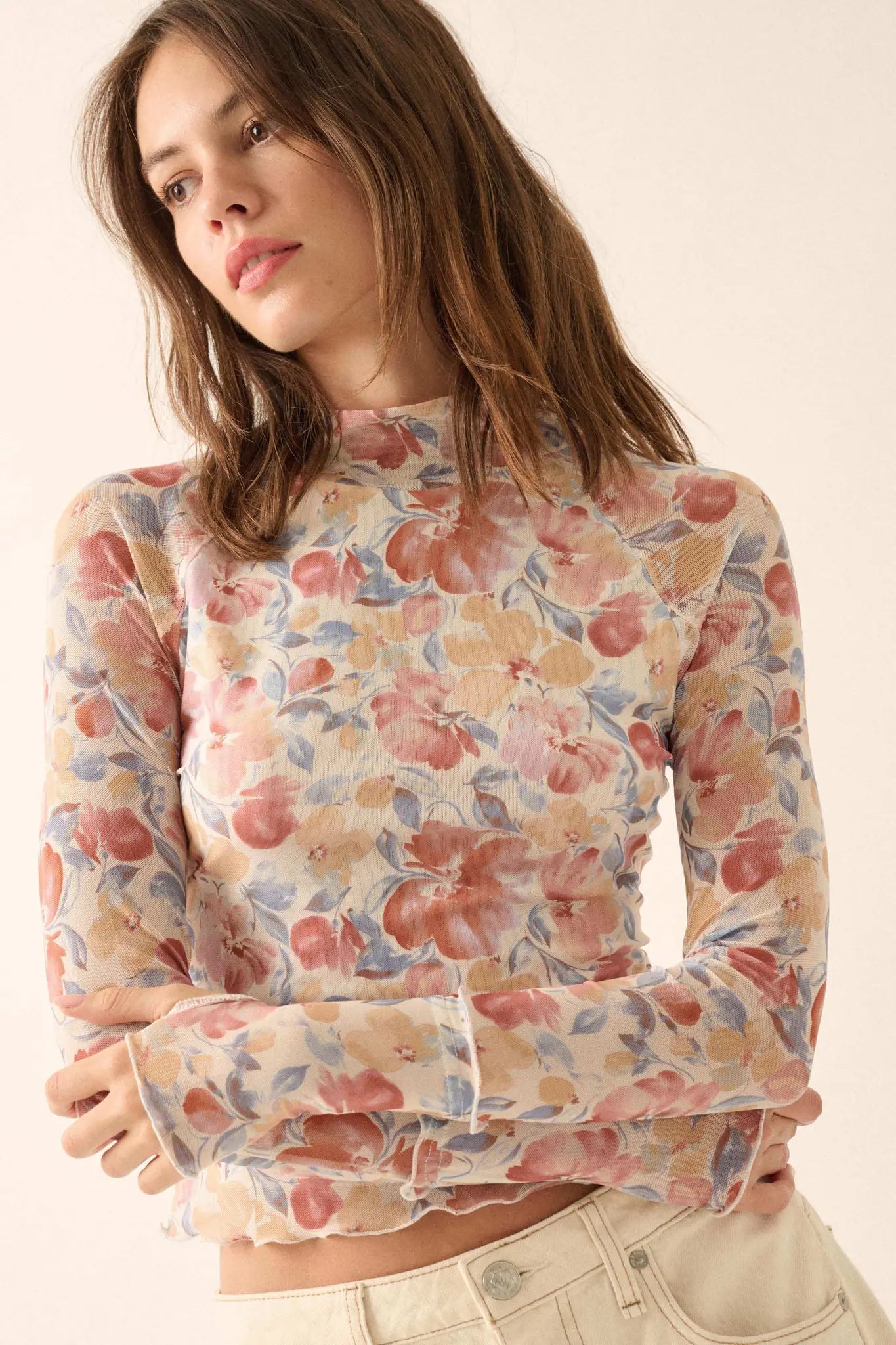 Bouquet All Day Floral Mesh Thumbhole Top - ShopPromesa
