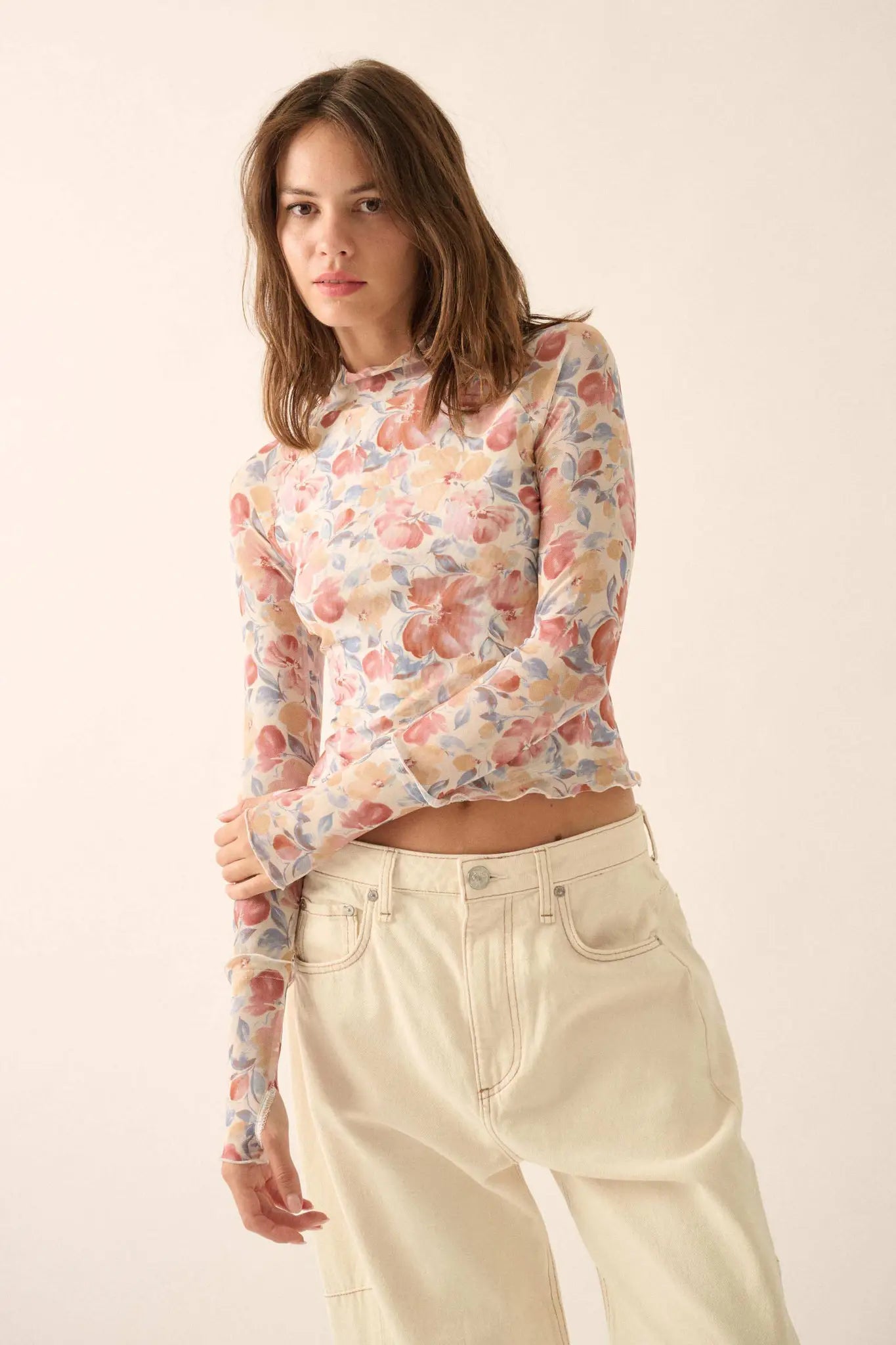 Bouquet All Day Floral Mesh Thumbhole Top - ShopPromesa