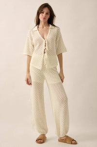 Coastal Breeze Crochet Knit Tie-Front Shirt - ShopPromesa