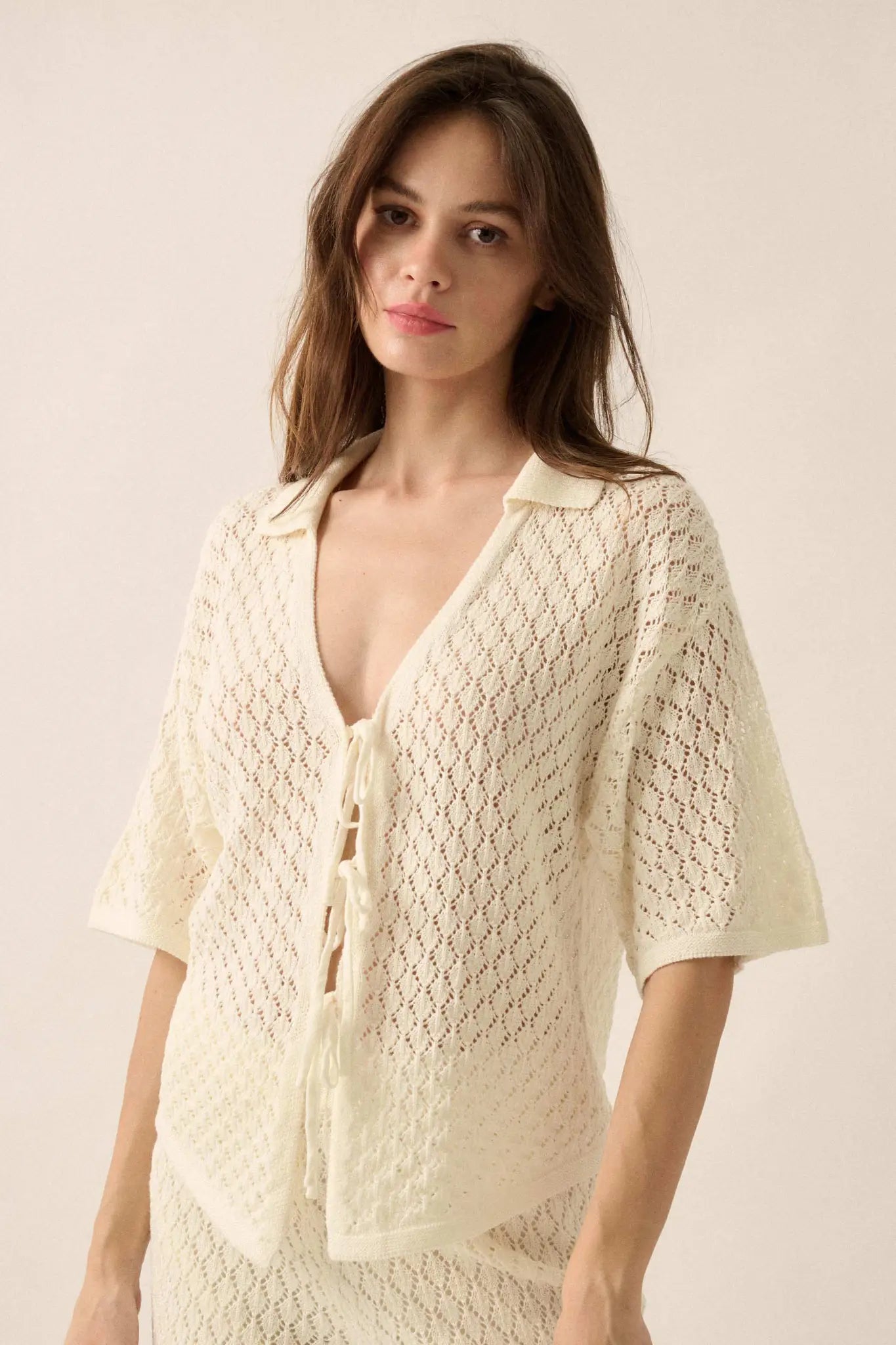 Coastal Breeze Crochet Knit Tie-Front Shirt - ShopPromesa