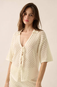 Coastal Breeze Crochet Knit Tie-Front Shirt - ShopPromesa