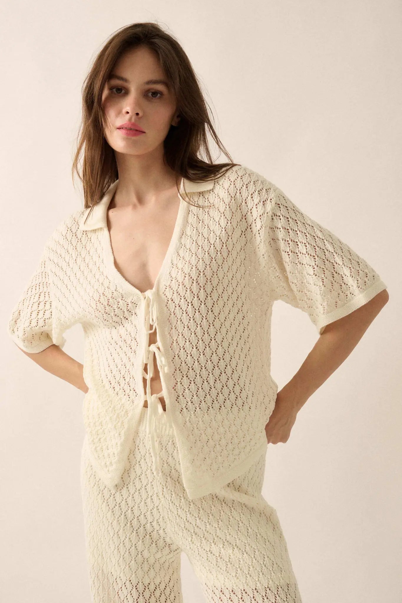 Coastal Breeze Crochet Knit Tie-Front Shirt - ShopPromesa