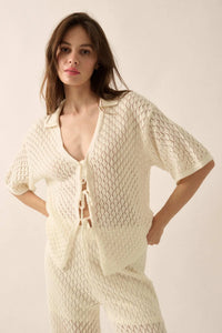 Coastal Breeze Crochet Knit Tie-Front Shirt - ShopPromesa