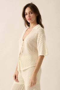 Coastal Breeze Crochet Knit Tie-Front Shirt - ShopPromesa