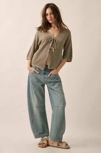 Coastal Breeze Crochet Knit Tie-Front Shirt - ShopPromesa