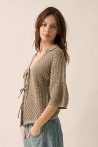 Coastal Breeze Crochet Knit Tie-Front Shirt - ShopPromesa
