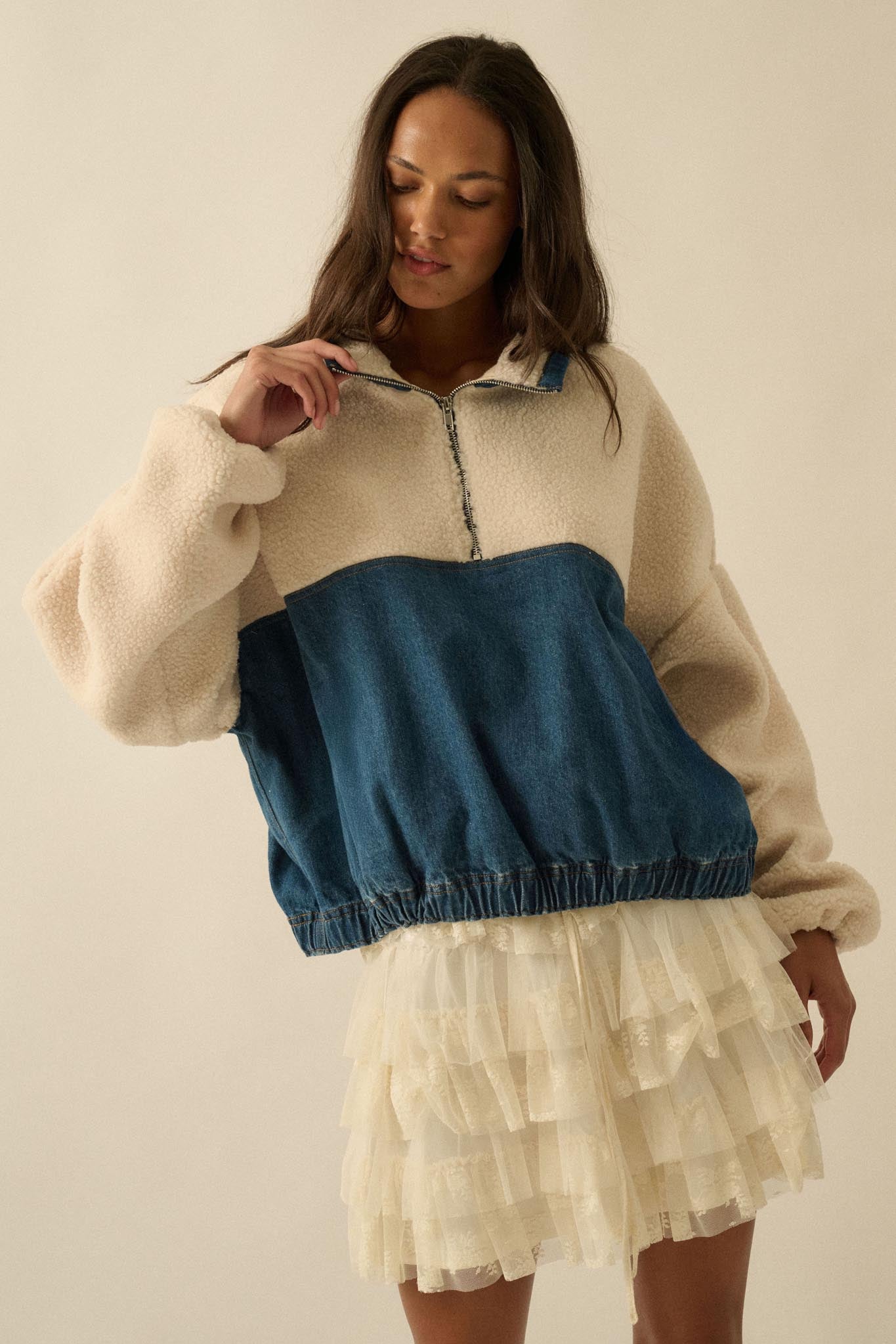 Living Life Denim and Fleece Half-Zip Pullover