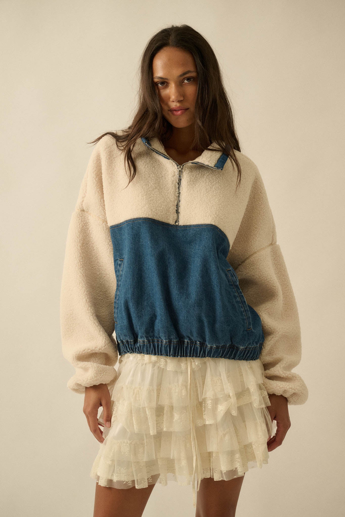 Living Life Denim and Fleece Half-Zip Pullover - ShopPromesa