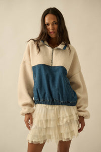 Living Life Denim and Fleece Half-Zip Pullover - ShopPromesa
