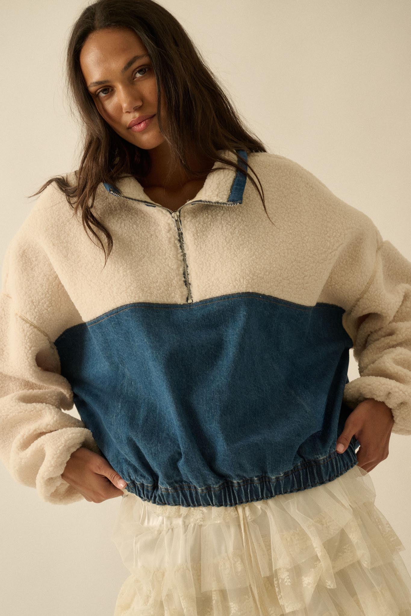 Living Life Denim and Fleece Half-Zip Pullover