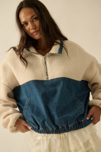 Living Life Denim and Fleece Half-Zip Pullover - ShopPromesa