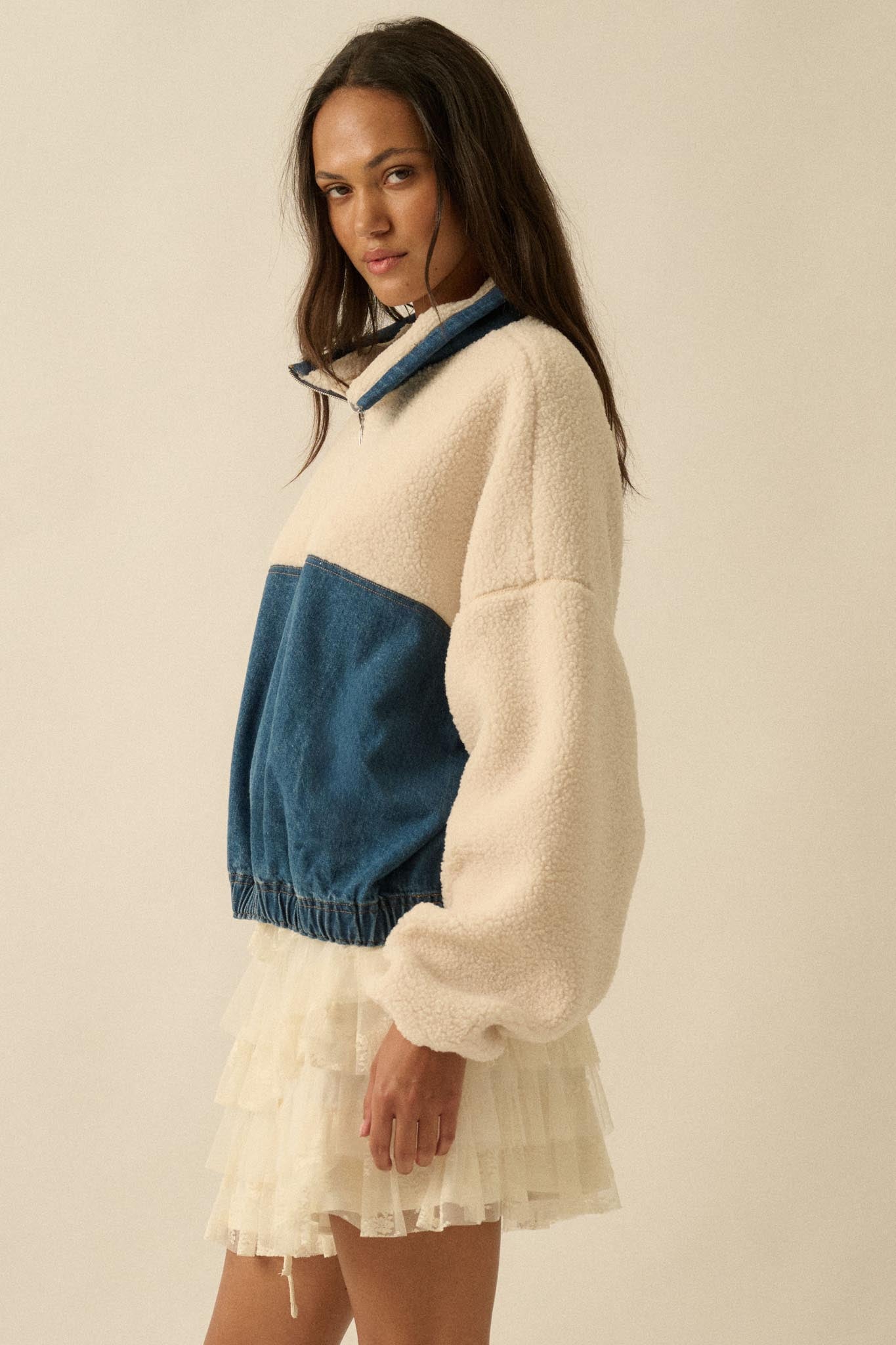 Living Life Denim and Fleece Half-Zip Pullover