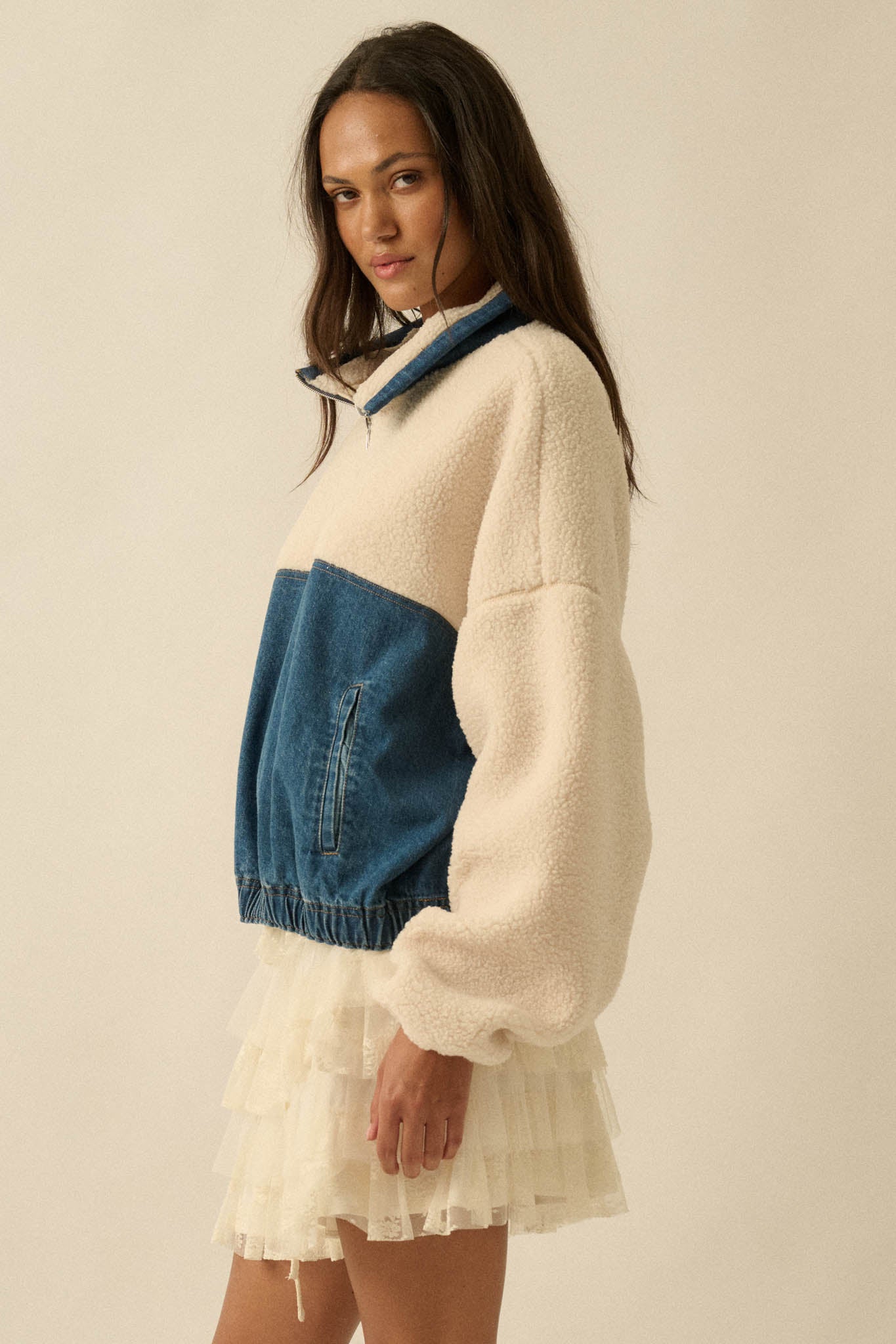 Living Life Denim and Fleece Half-Zip Pullover - ShopPromesa