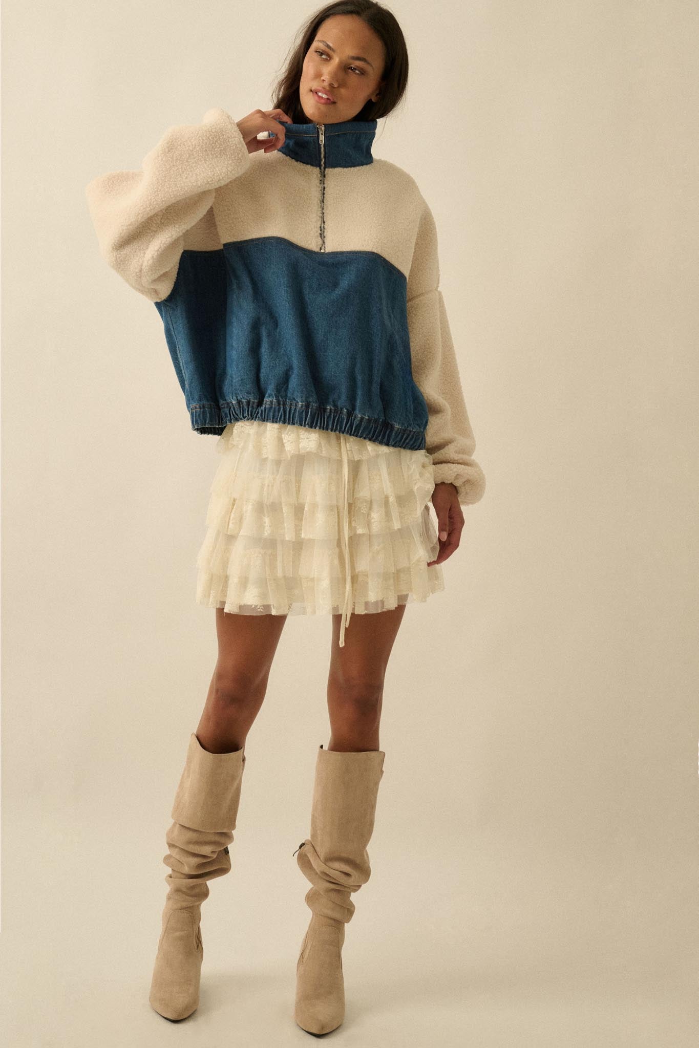 Living Life Denim and Fleece Half-Zip Pullover