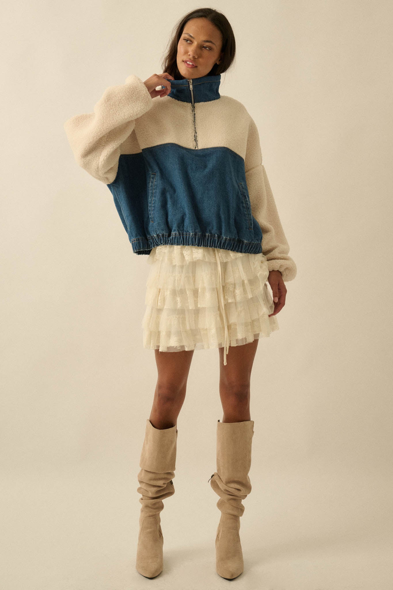 Living Life Denim and Fleece Half-Zip Pullover - ShopPromesa