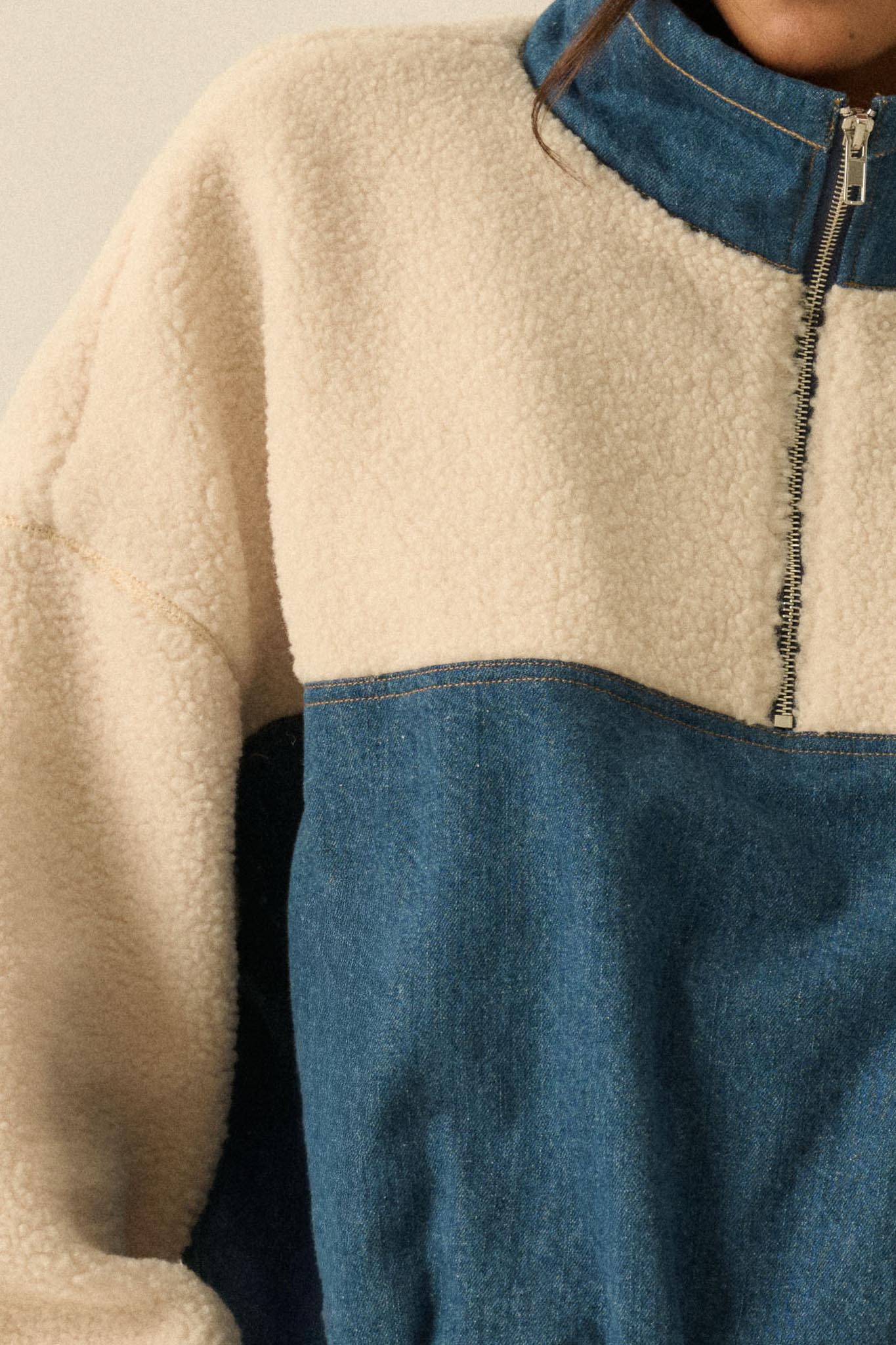 Living Life Denim and Fleece Half-Zip Pullover