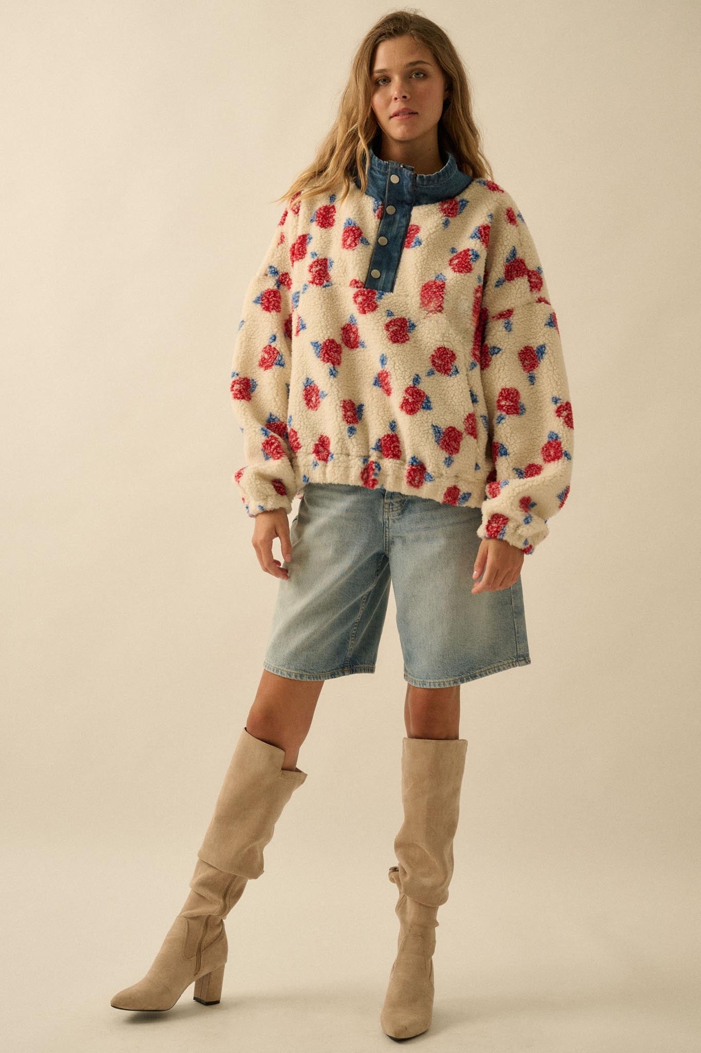 Winter Roses Floral Fleece Half-Zip Pullover - ShopPromesa