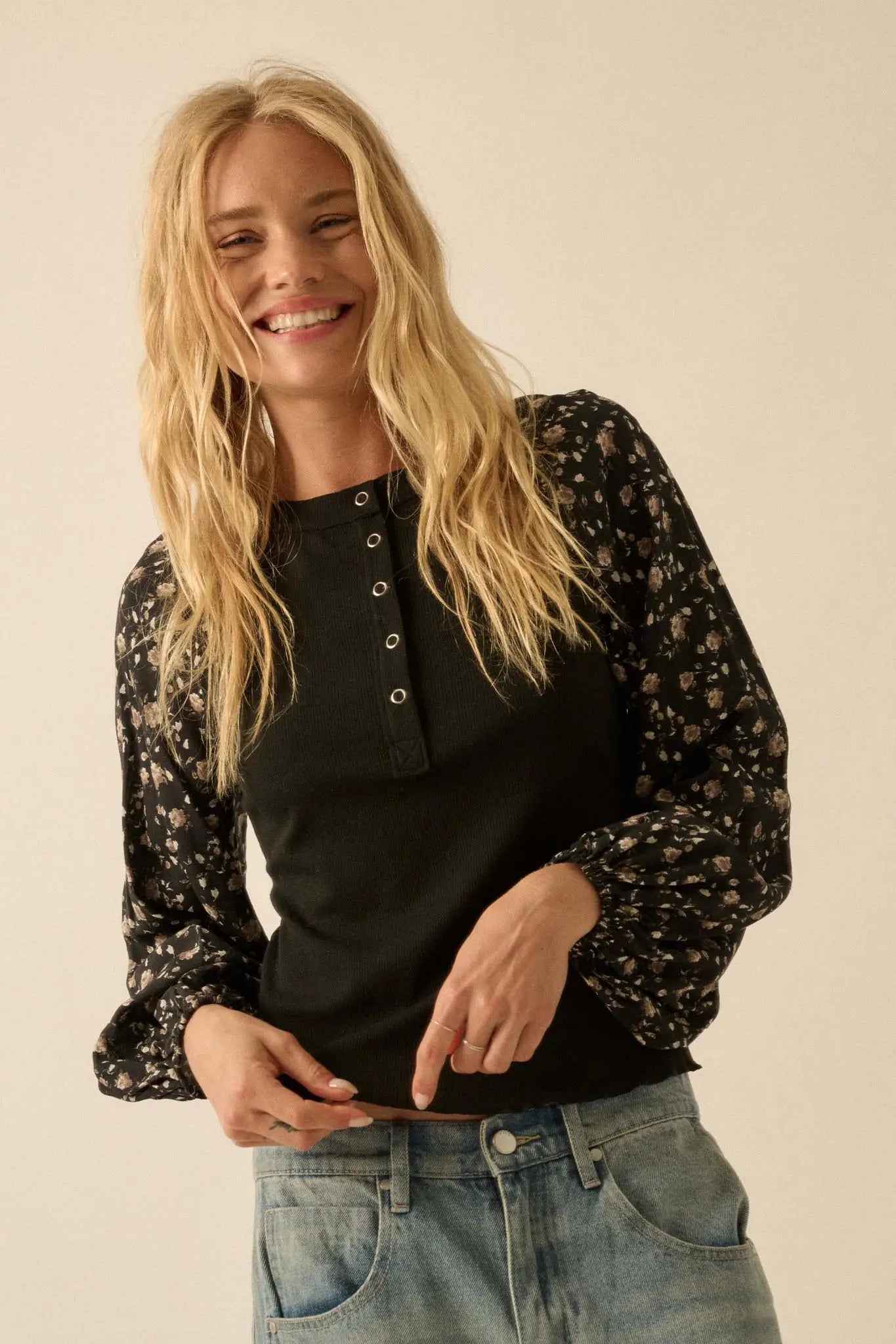 Almost Home Floral Bubble-Sleeve Henley Top - ShopPromesa