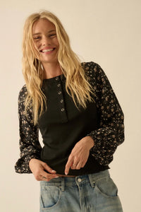 Almost Home Floral Bubble-Sleeve Henley Top - ShopPromesa