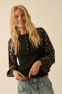 Almost Home Floral Bubble-Sleeve Henley Top - ShopPromesa