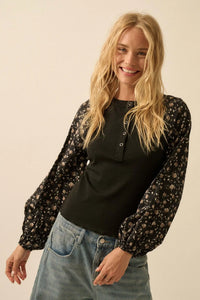 Almost Home Floral Bubble-Sleeve Henley Top - ShopPromesa