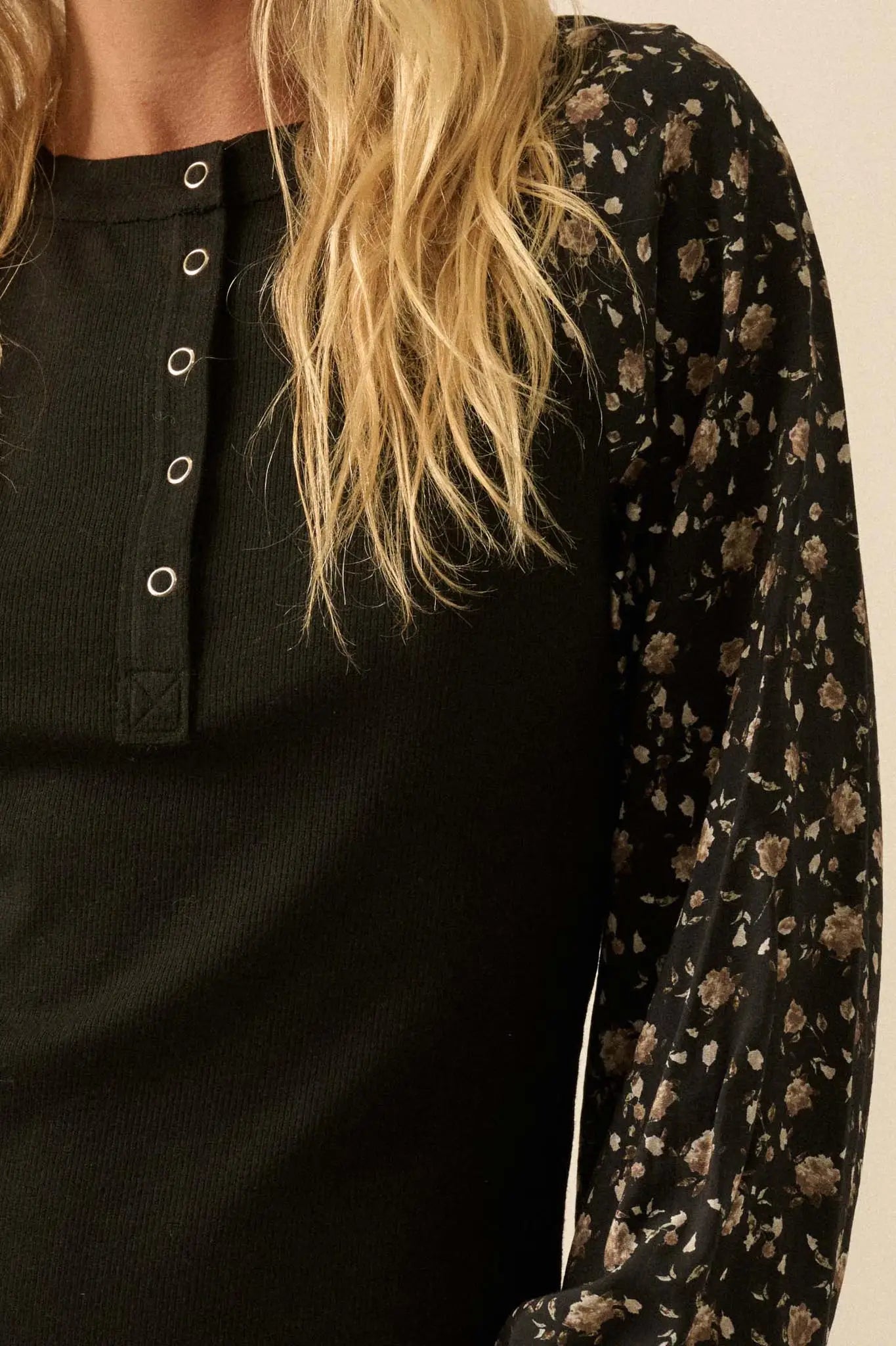 Almost Home Floral Bubble-Sleeve Henley Top - ShopPromesa