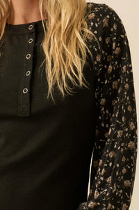 Almost Home Floral Bubble-Sleeve Henley Top - ShopPromesa