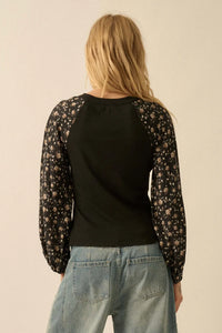 Almost Home Floral Bubble-Sleeve Henley Top - ShopPromesa