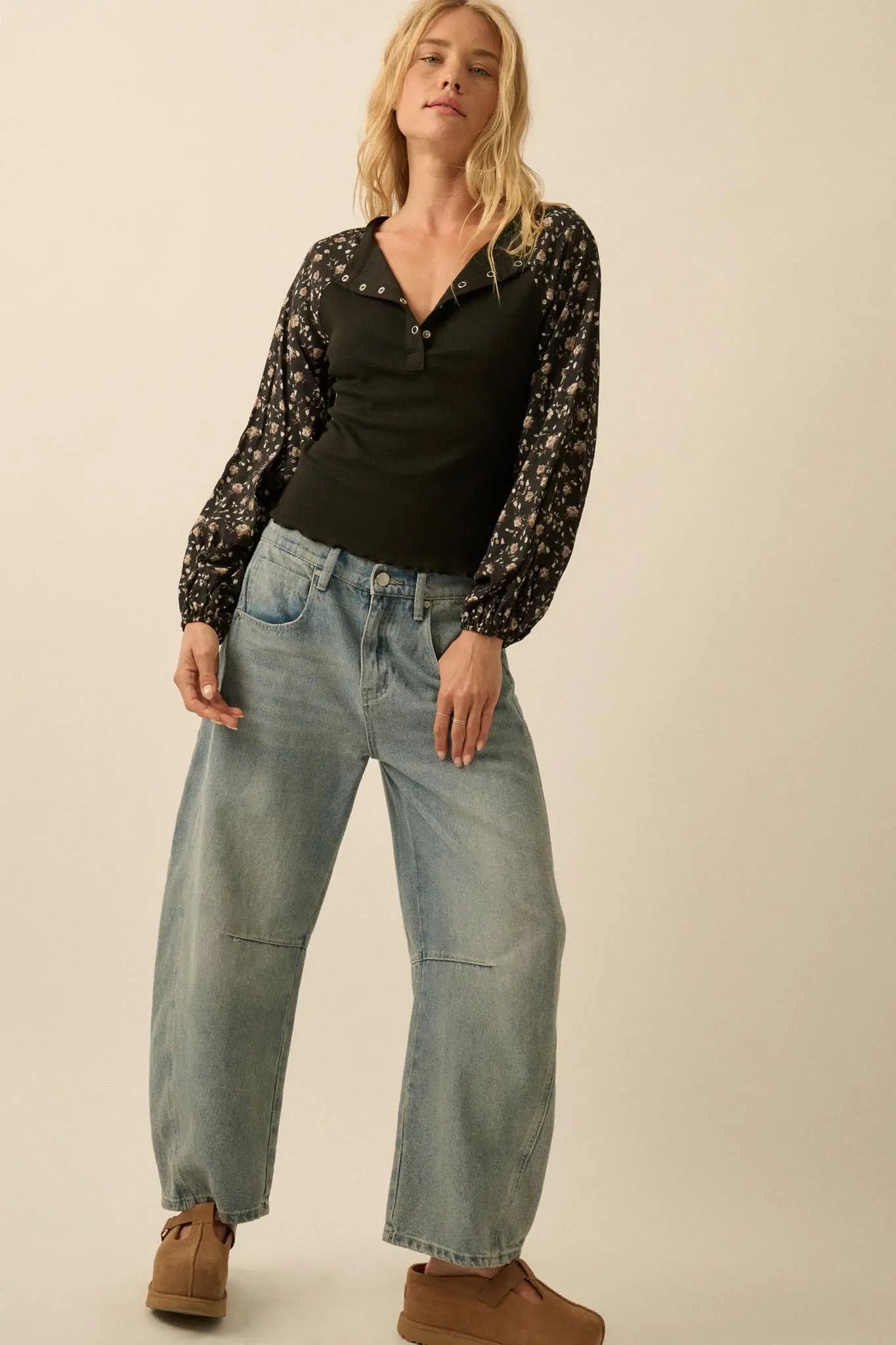 Almost Home Floral Bubble-Sleeve Henley Top - ShopPromesa