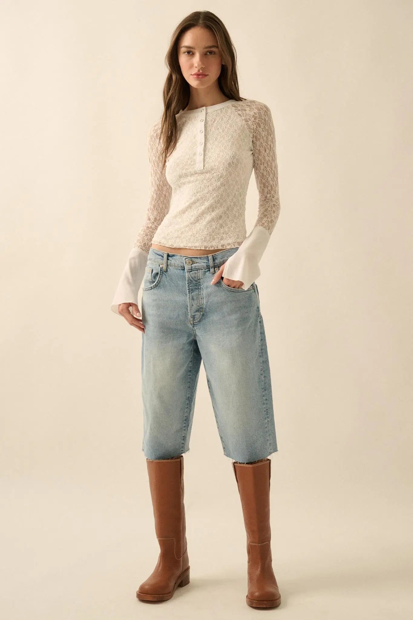 Casual Grace Floral Lace Raglan Henley Top - ShopPromesa