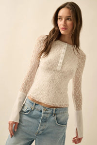 Casual Grace Floral Lace Raglan Henley Top - ShopPromesa