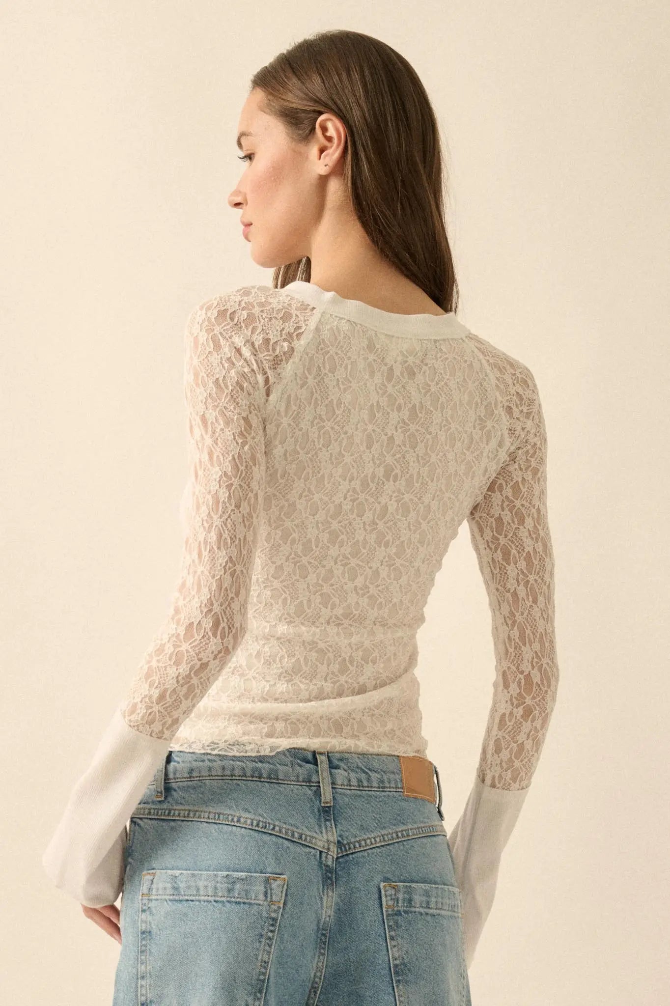 Casual Grace Floral Lace Raglan Henley Top - ShopPromesa