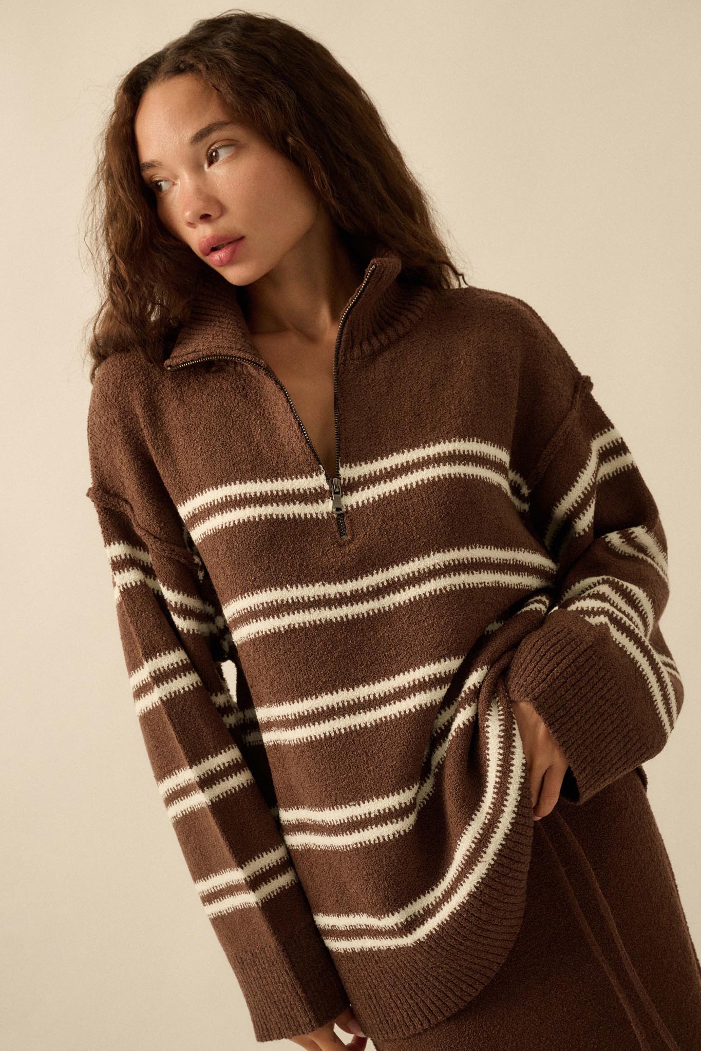 Promise the Label Striped Knit Quarter-Zip Sweater