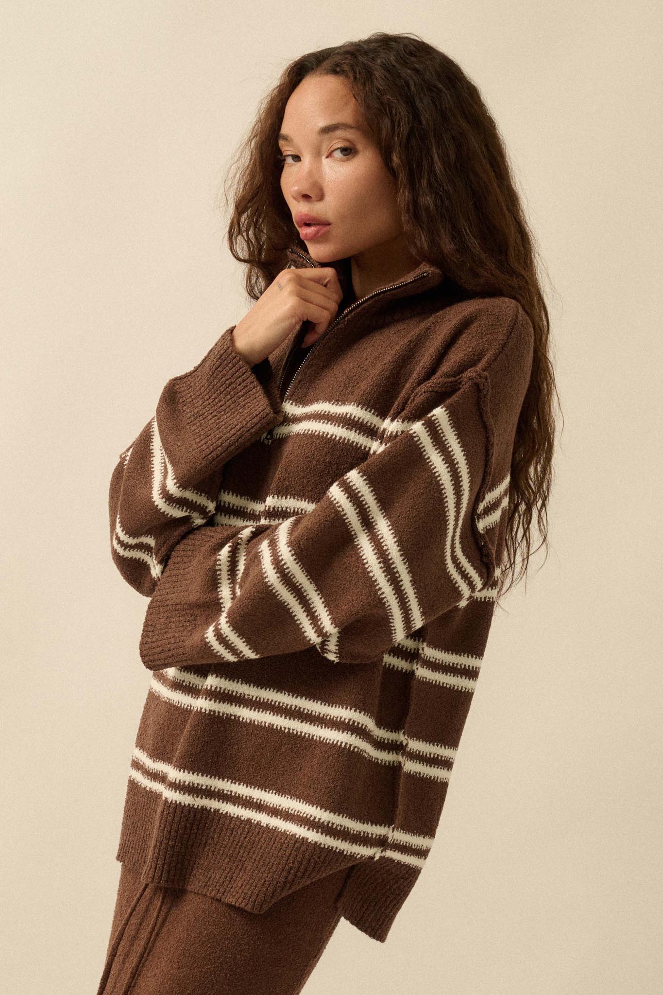 Promise the Label Striped Knit Quarter-Zip Sweater
