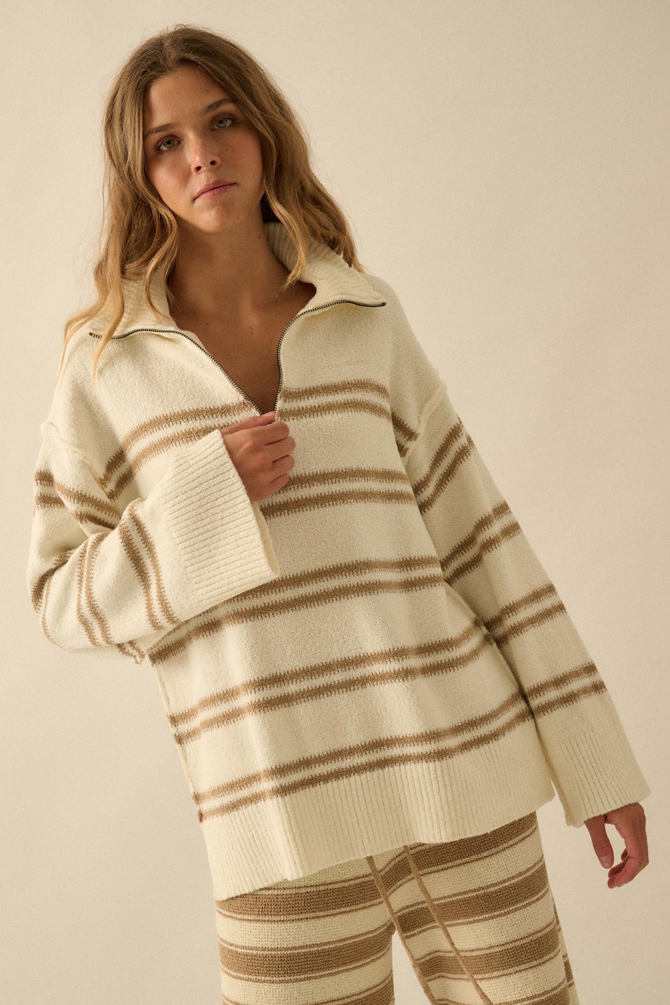 Promise the Label Striped Knit Quarter-Zip Sweater - ShopPromesa
