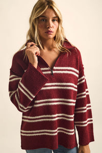 Promise the Label Striped Knit Quarter-Zip Sweater - ShopPromesa