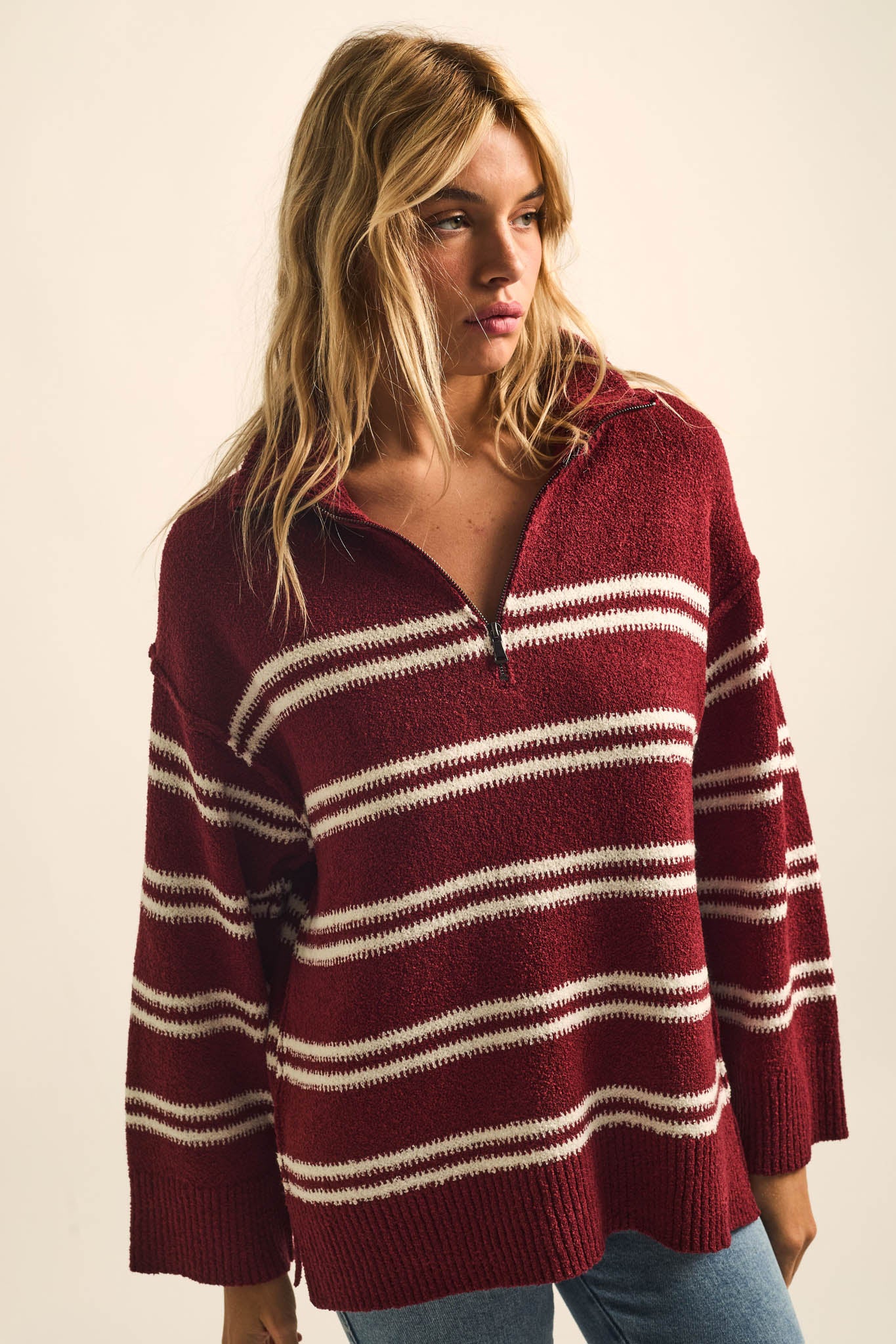 Promise the Label Striped Knit Quarter-Zip Sweater - ShopPromesa