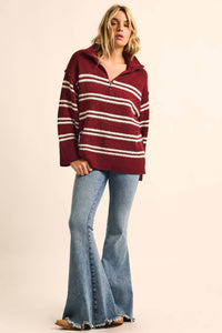 Promise the Label Striped Knit Quarter-Zip Sweater - ShopPromesa