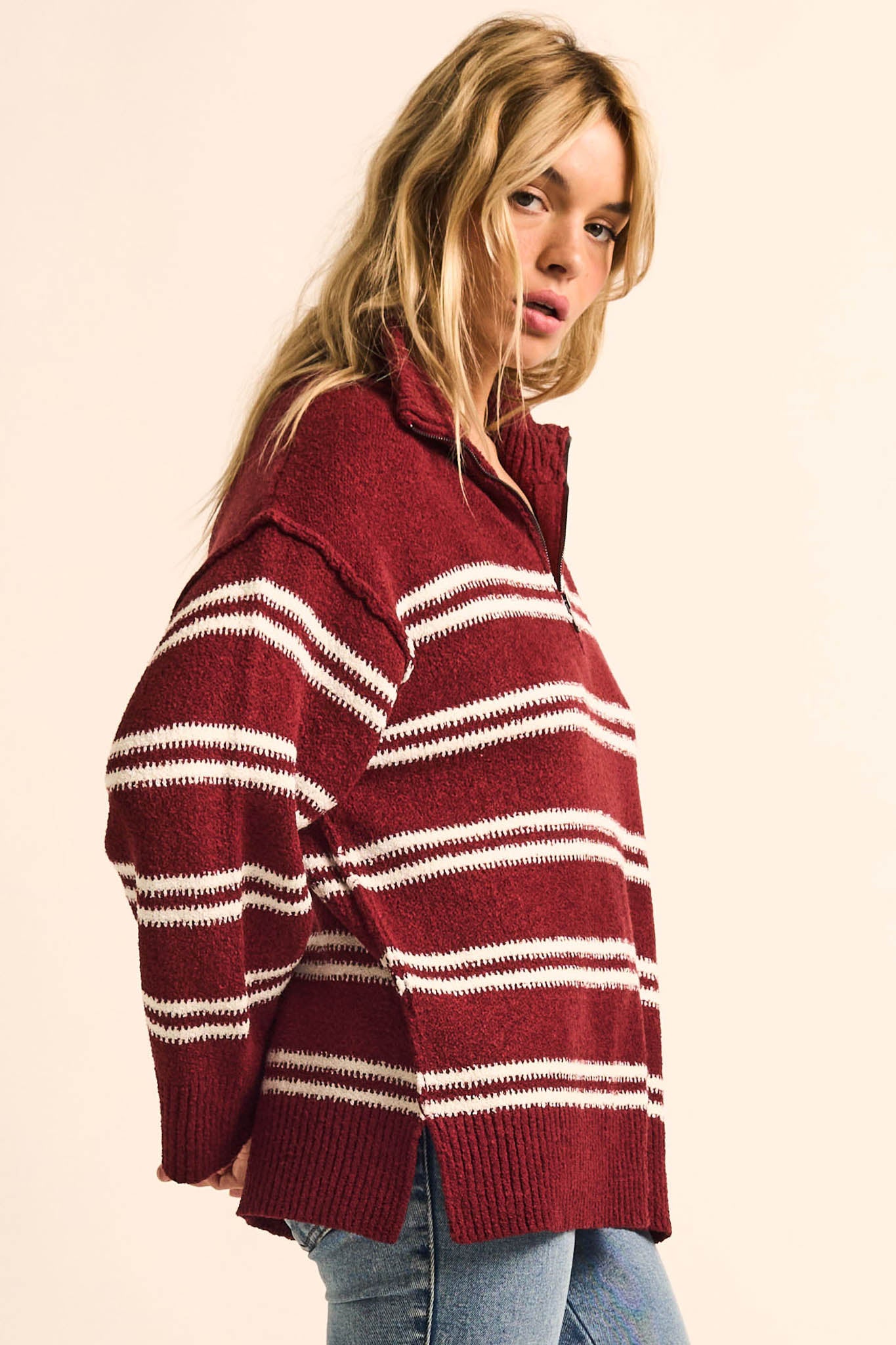 Promise the Label Striped Knit Quarter-Zip Sweater - ShopPromesa