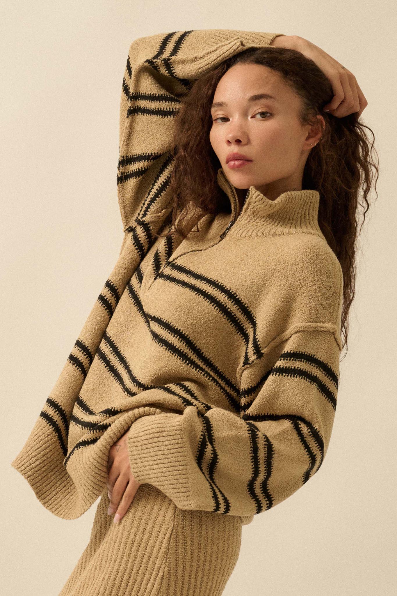 Promise the Label Striped Knit Quarter-Zip Sweater - ShopPromesa