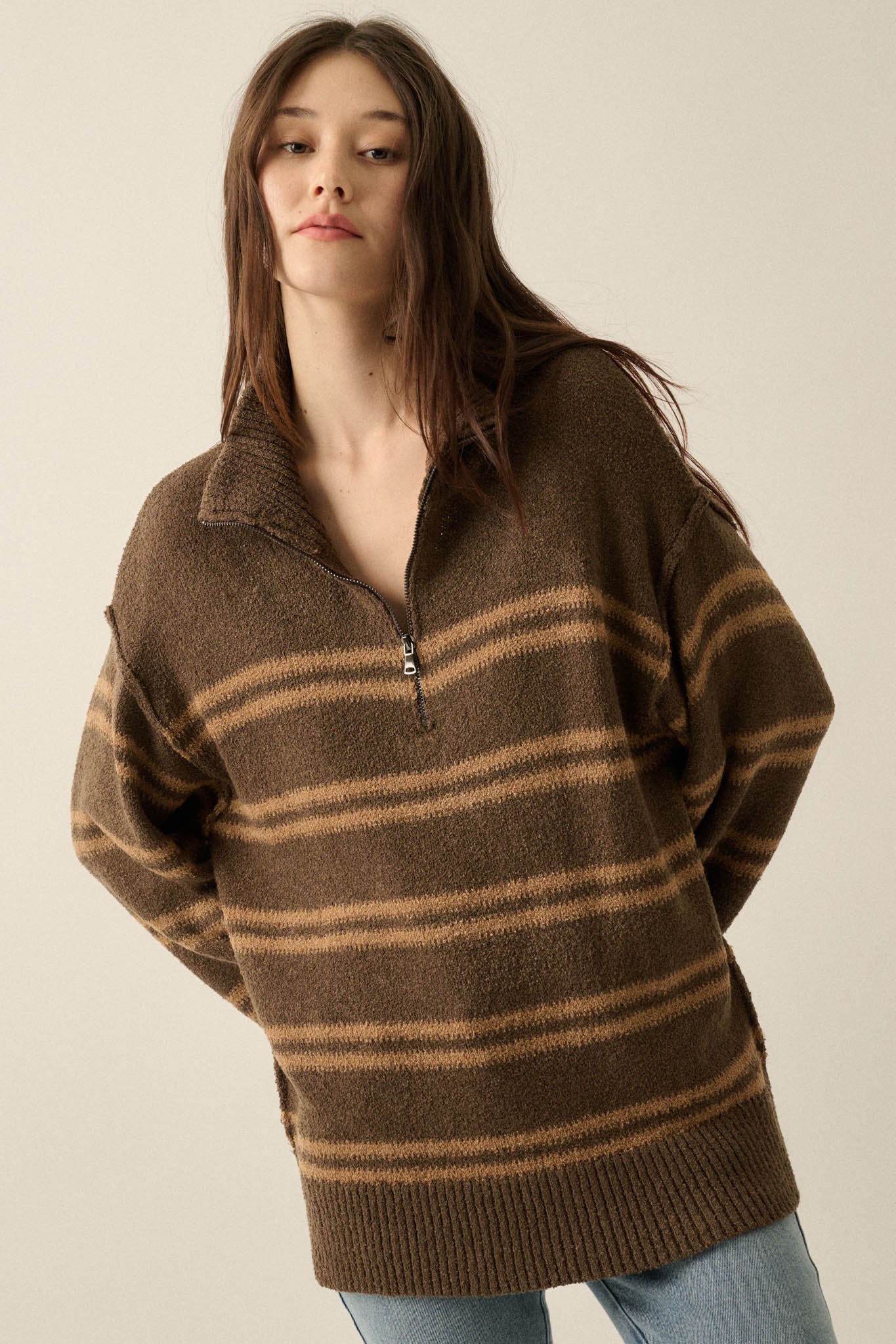 Promise the Label Striped Knit Quarter-Zip Sweater - ShopPromesa