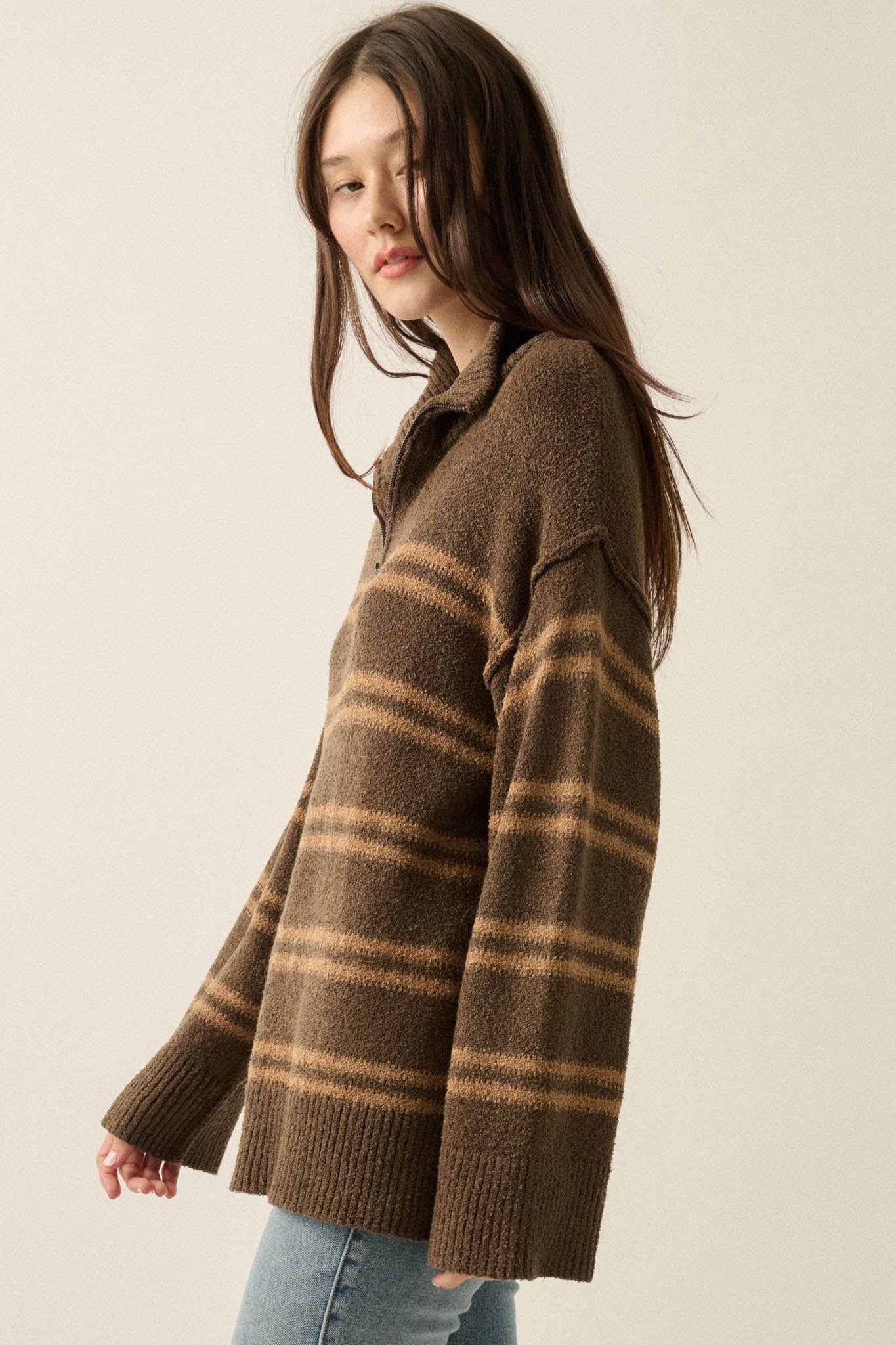 Promise the Label Striped Knit Quarter-Zip Sweater - ShopPromesa