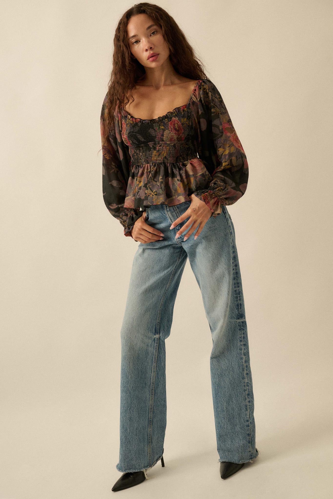 Roaming Blooms Smocked Floral Ruffle Peasant Top - ShopPromesa