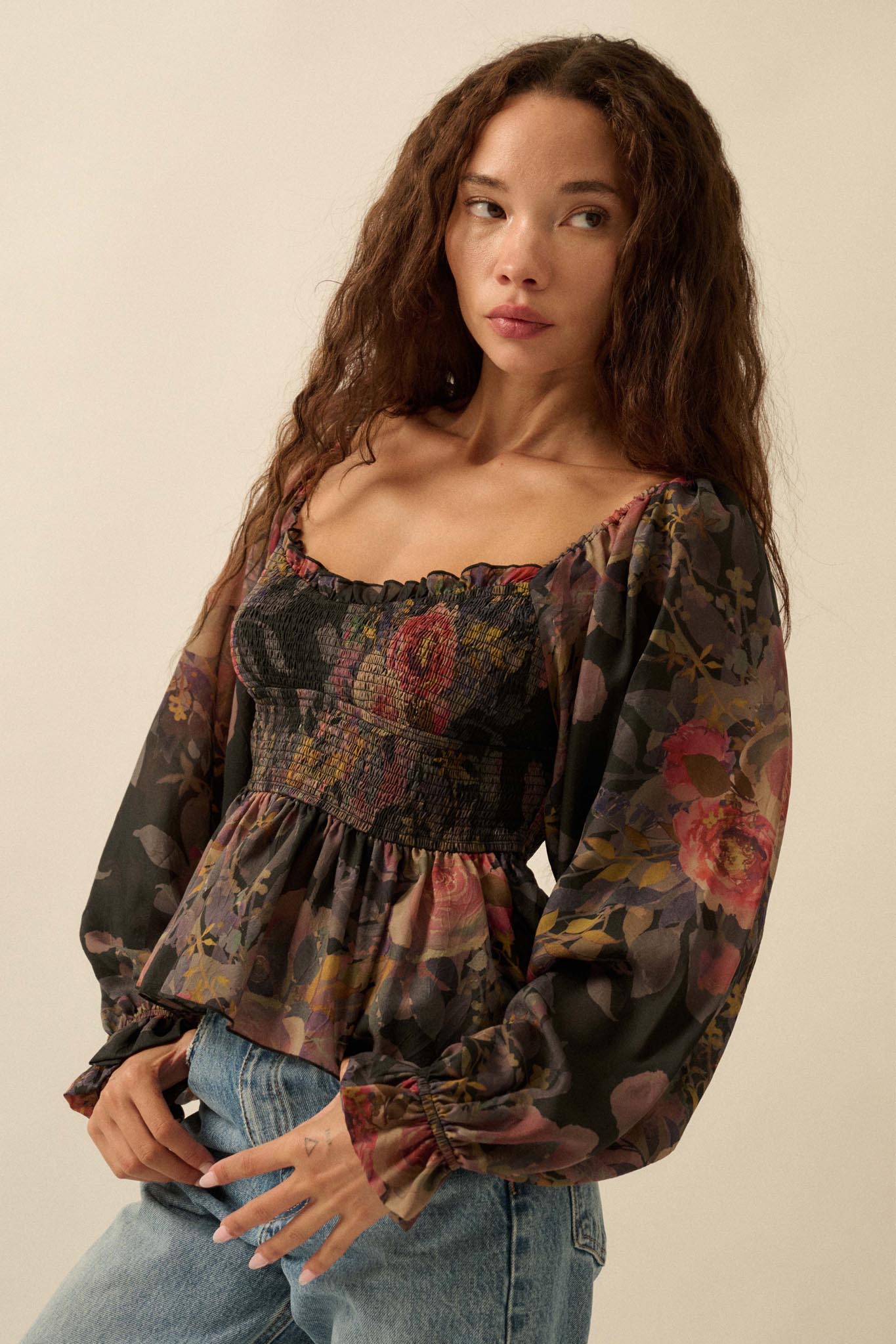 Roaming Blooms Smocked Floral Ruffle Peasant Top - ShopPromesa