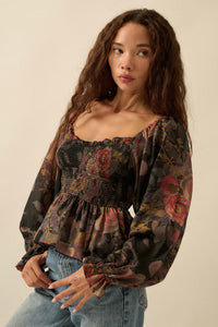 Roaming Blooms Smocked Floral Ruffle Peasant Top - ShopPromesa