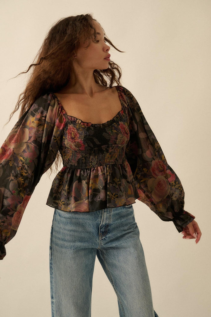 Roaming Blooms Smocked Floral Ruffle Peasant Top - ShopPromesa